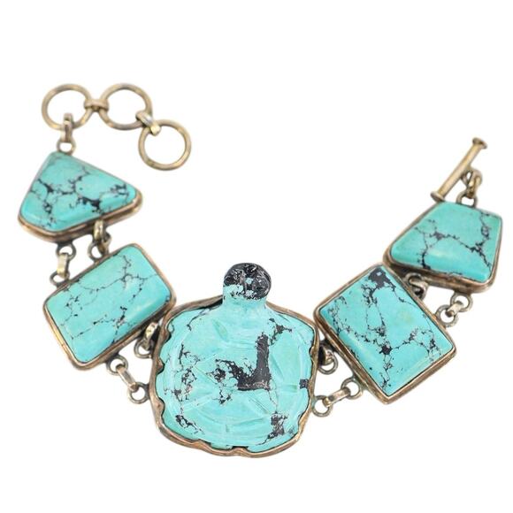 Vintage Figural Tortoise Turtle Bracelet Reconstituted Turquoise Sterling Silver - Picture 2 of 6